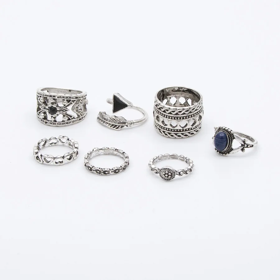 12 Sets/Lot Ethnic Vintage Finger Ring Set For Women Men Blue Crystal