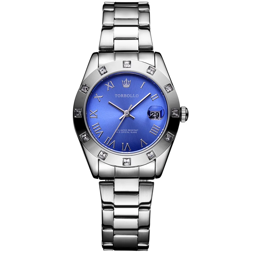 Женские часы TORBOLLO новые женские часы Серебряные Простые reloj mujer водонепроницаемые женские часы с календарем - Цвет: silver blue