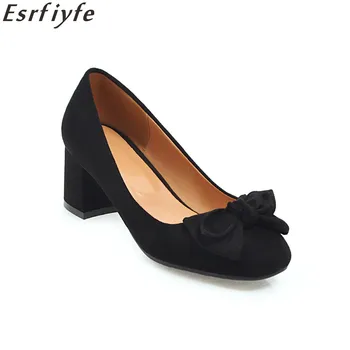 

ESRFIYFE 2018 New Spring Pumps Square Heels Bowkont Fashion Woman Casual Shoes Ladies Pumps Stilettos Shoes Woman Daily Shoes