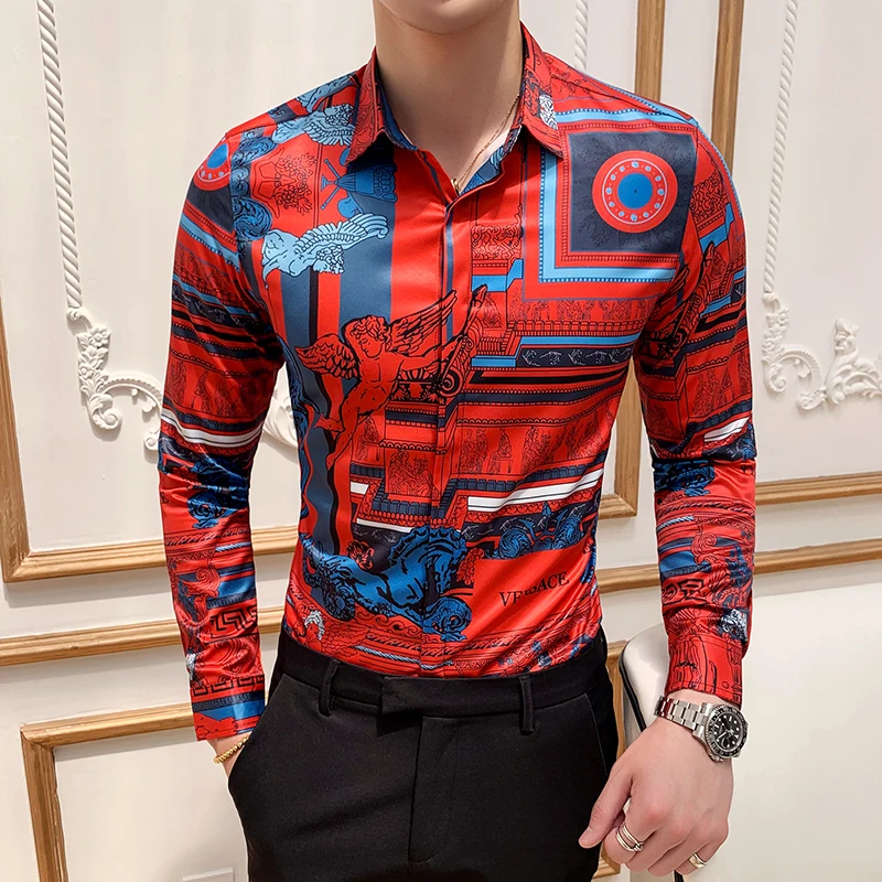 

mens tuxedo shirt 2019 New Fashion mens red Casual shirt Long Sleeve Baroque dress slim Shirt Social floral Shirts for men