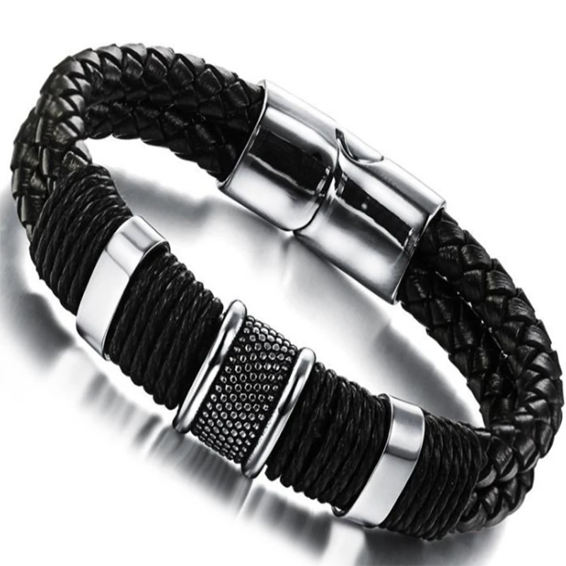 Personality Man Titanium Male Black Clip Bracelet Leather Inverted Insertion Of Magnetic Button |