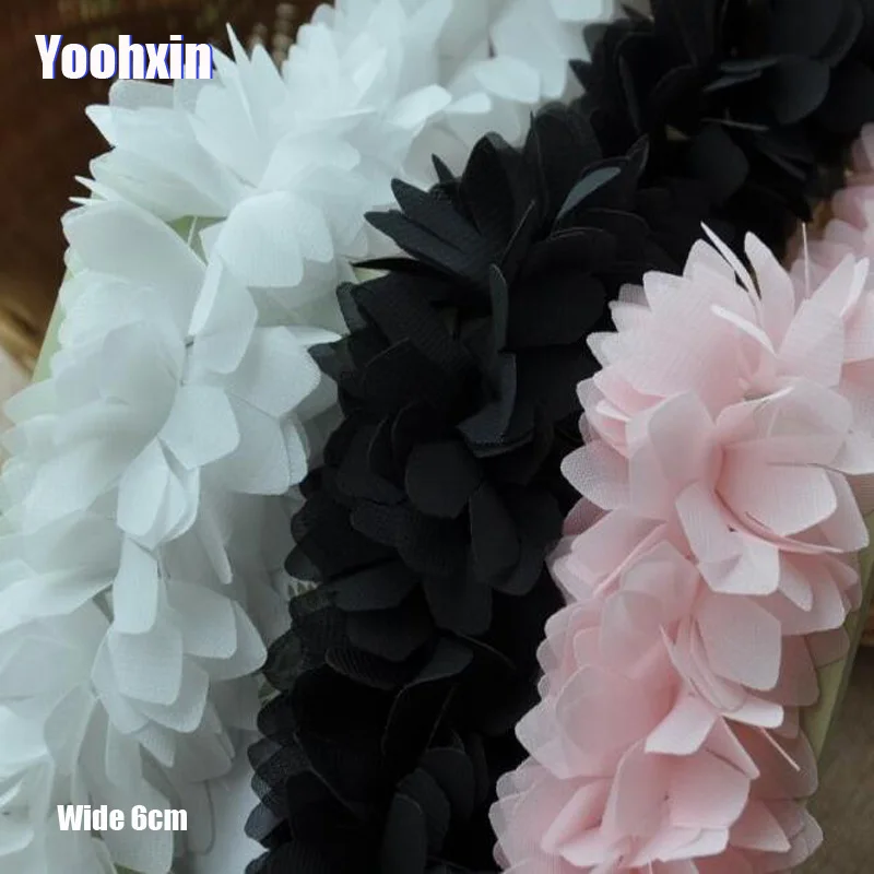 

6CM Wide HOT White pink black Embroidery cotton 3D flower lace fabric trim ribbon DIY sewing applique collar Dubai guipure decor