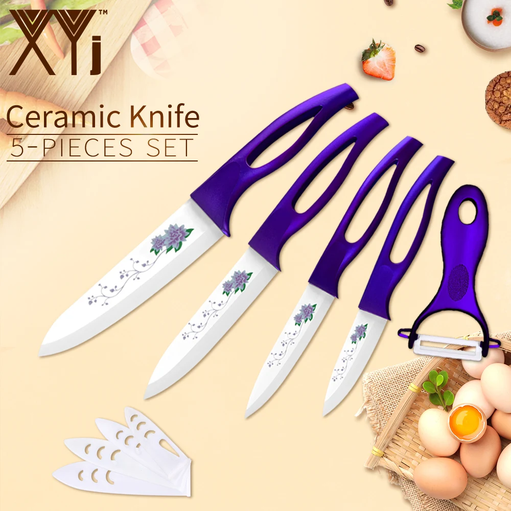 

XYj 5pcs Kitchen Ceramic Knife Set Flower Pattern White Blade Hollow No-slip Handle Knife Cooking Accessories Ceramic Peeler