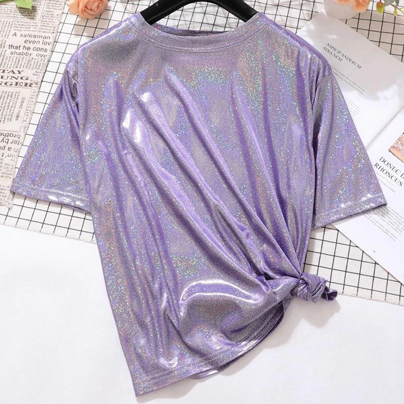 

Summer Retro Style Stylish Bright Silk Woman Tops Shiny Loose Short Sleeve t-shirt Sexy Club Aesthetic Harajuku T-shirt