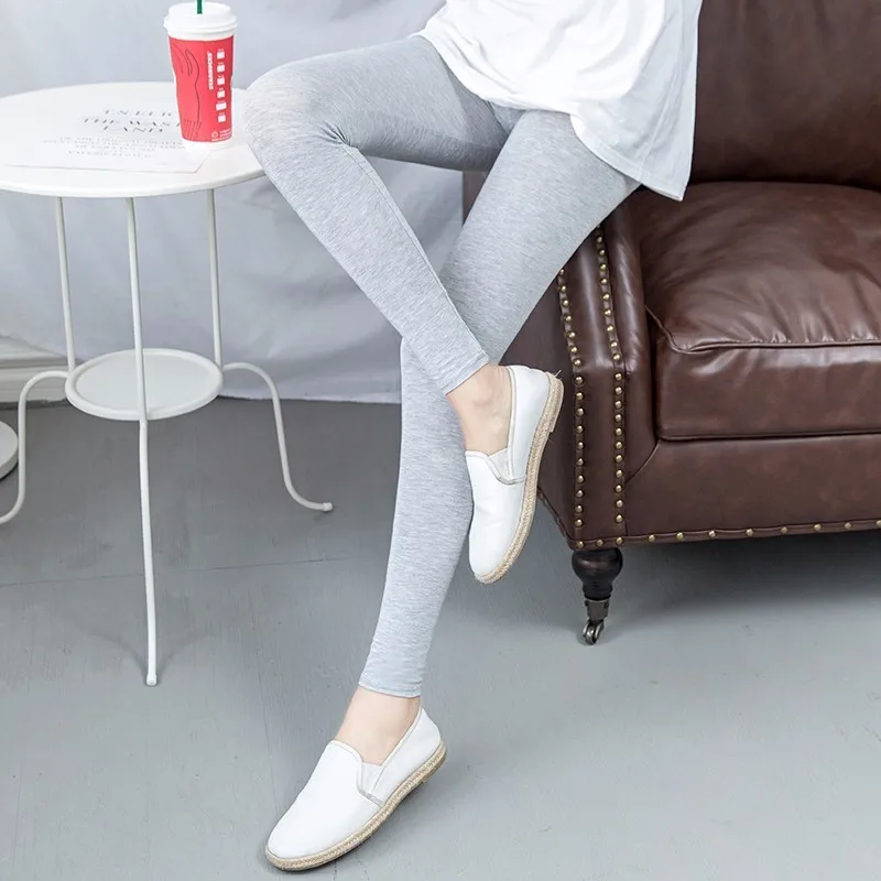

[AOSHENG] New Autumn Winter 2018 Fashion Light Grey Elastic Low Waist Knitted Jogger Pants Leggings Thin Modal Pants Women Y074