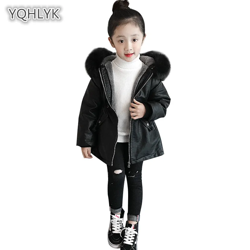

2018 new children winter girl leather coats fashion hooded warm cotton thick PU jacket long casual black girl Parkas Outerwear