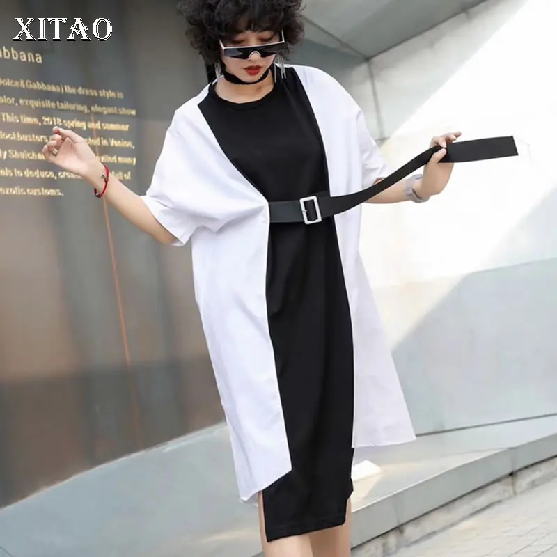 

[XITAO] 2019 New Europe Casual Loose Patchwork Short Sleeve O-neck Fashion Pullover Women Summer Knee-Length Dress WBB3262