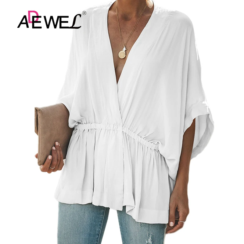 

ADEWEL Summer Loose Women Tops Office Lady Clothes V Neck Solid Half Sleeve Elegant Blouses and Tops Plus Blusas Chemise Femme