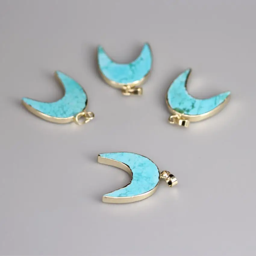 

5pcs/lot Gold Edges Natural Blue Turquoises Moon Shape Slab Connectors,Howlite Stone Gem Crescent Tribal Ox Horn Pendants Making