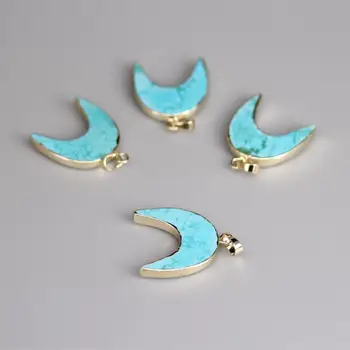 

5pcs/lot Gold Edges Natural Blue Turquoises Moon Shape Slab Connectors,Howlite Stone Gem Crescent Tribal Ox Horn Pendants Making
