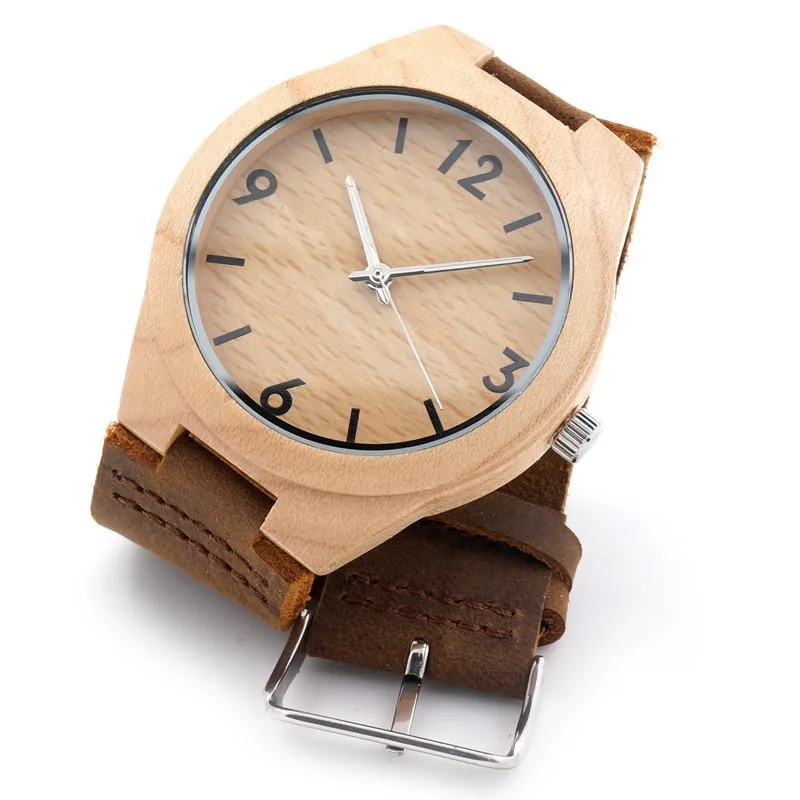 BOBO BIRD Mens 43mm Diameter Maple Wood Wristwatch Japan Movement 2035 Quartz Watch for Men with Leather Strap in Gift Box