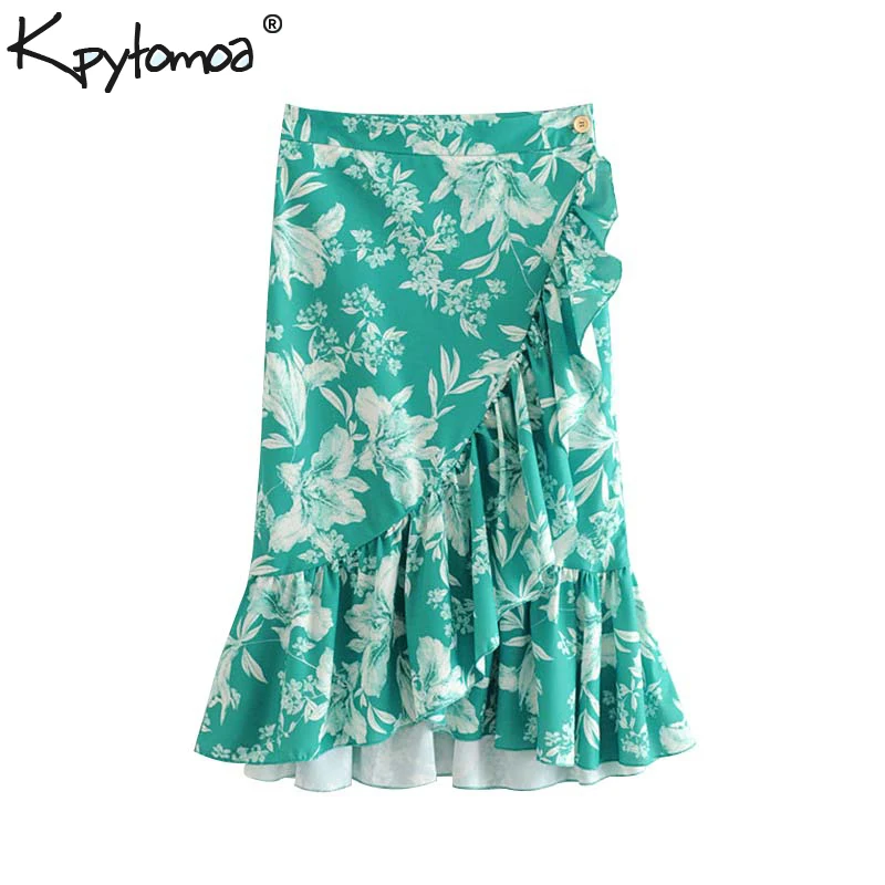 

Vintage Chic Floral Print Ruffles Wrap Midi Skirt Women 2019 Fashion A Line Side Buttons Ladies Skirts Casual Faldas Mujer
