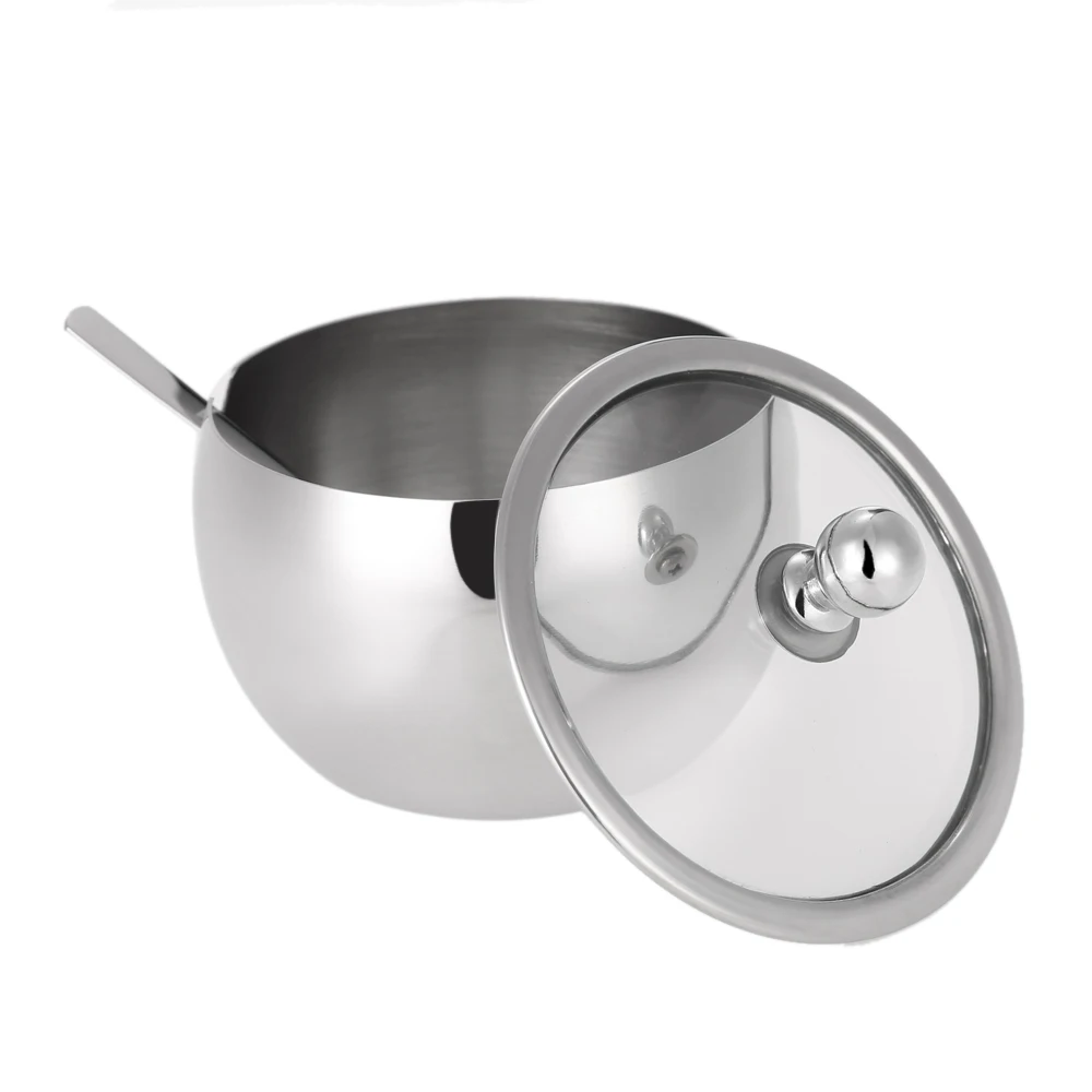 High-end Durable Stainless Steel Sugar Bowl with Lid and Sugar Spoon Versatile Seasoning Container Kitchen Tools Gadgets Can