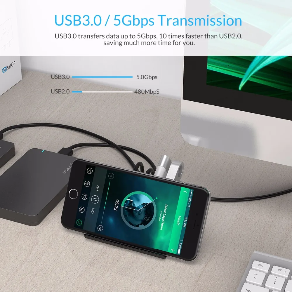 ORICO usb-хаб высокоскоростной мини 4 порта USB2.0/USB3.0 концентратор для настольного ноутбука с держателем телефона и планшета-черный/белый(SHC
