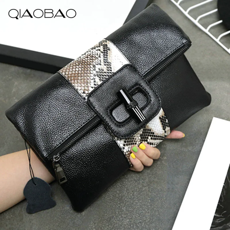 

QIAOBAO Split Leather handbags women Snake Day clutches ladies party purse famous designer crossbody shoulder messenger bags