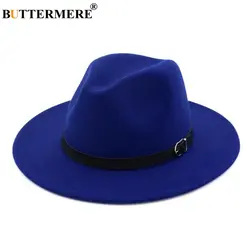 BUTTERMERE зима Fedoras для Для женщин-синей шерсти фетровая шляпа ремень женский широкими полями Винтаж Джаз шапки классический фантазии дамская