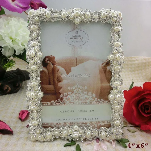 Antique Silver Pearls Metal Photo Frame, Wedding Favors Handmade
