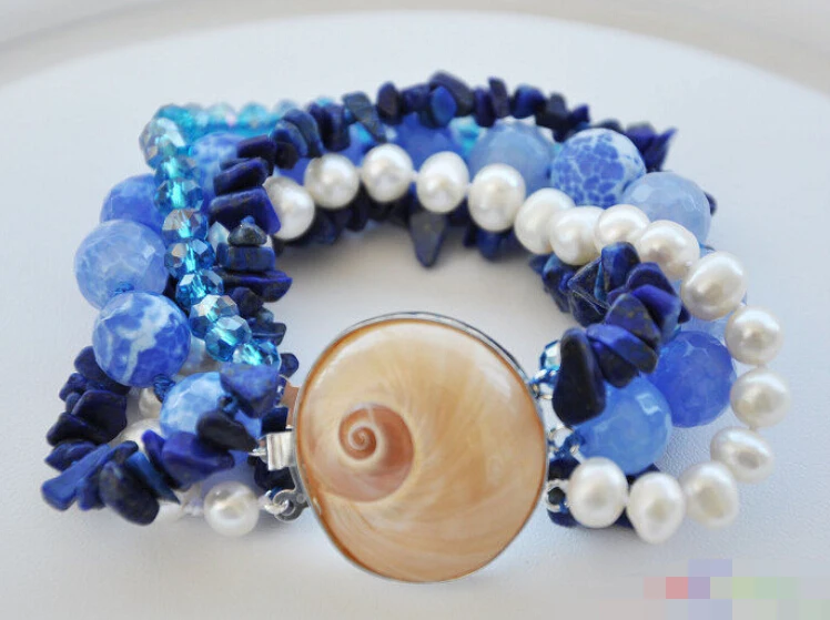 

Hot sell Noble- FREE SHIPPING>>>@@ 0662 5row 8" blue agate crystal white pearl bracelet