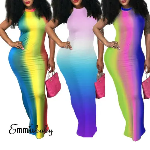 

New Women Sleeveless Gradient Rainbow Stripe Print Halter Neck Casual Club Bodycon Dress
