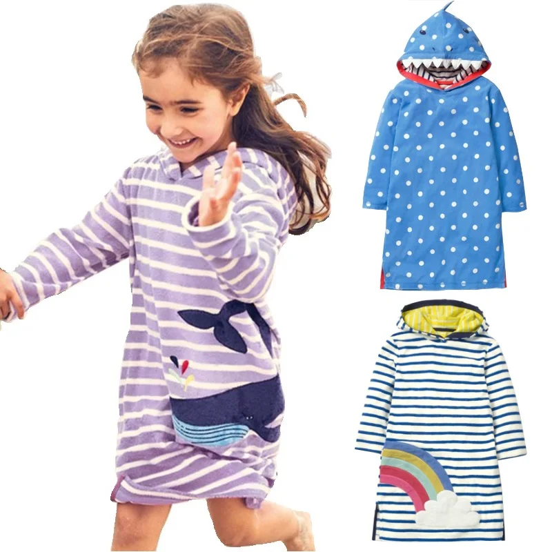 

Hooded Baby Girl One-piece Dress Whale Shark Children Dresses Autumn Girls Hoodies Clothes Kids Blouse Outfit Stripe Sweater Top
