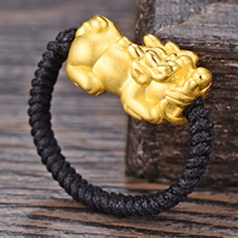 

Pure 24k Yellow Gold 3D Luck Bless Pixiu Charm Black Weave Ring For You