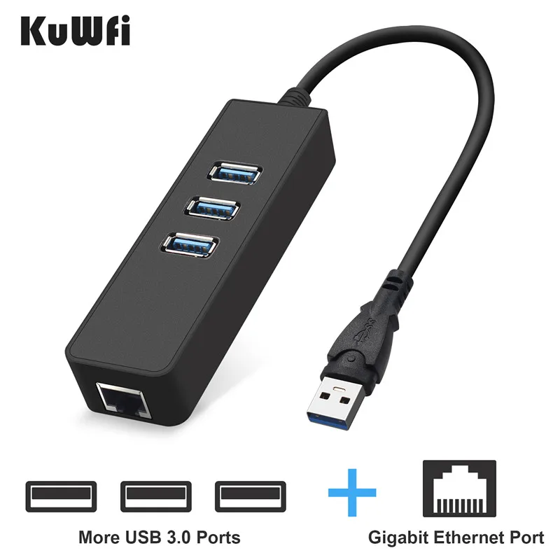 KuWFi USB 3,0 Ethernet адаптер 3 Порты USB 3,0 док-станция USB Rj45 Gigabit Ethernet Lan 10/100/1000 Мбит сетевой карты для ноутбука Macbook