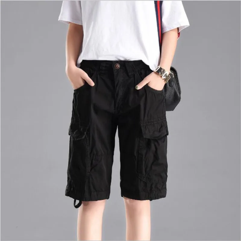 Cargo Pants Women Summer Cotton Loose Solid Multi pockets Knee Length Pants Streetwear Cool