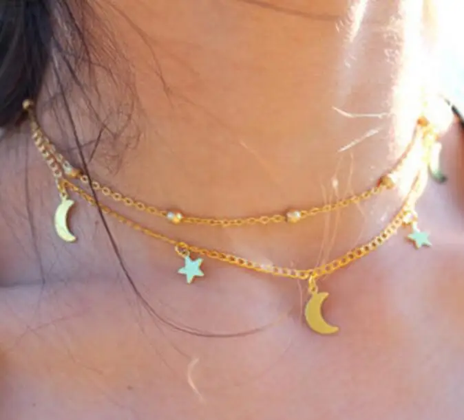 

Fashion Tiny Moon Star Choker Necklace For Women Double Layer Bead Chain Necklace Pendant On Neck