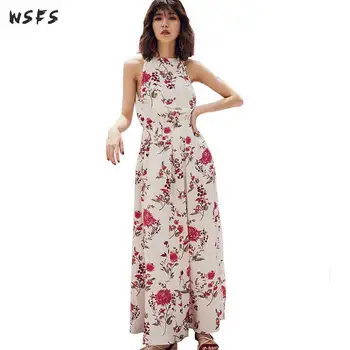 

Summer White Dresses Floral Print Beach Boho Oneck Sleeveless Womens Dress Bodycon Bohemian Sexy Patry Long Ladies Maxi Sundress