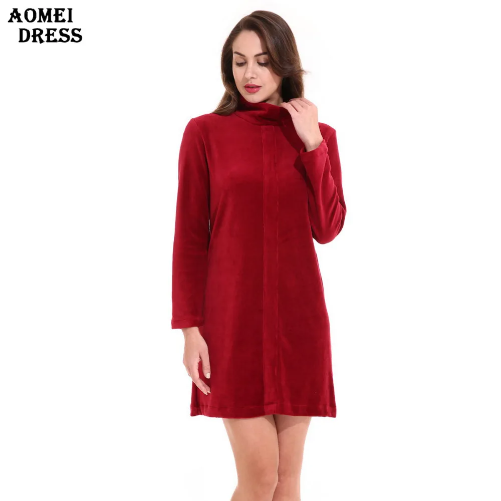 Women Wine Red Spring Velvet Mini Dress S M L XL 2XL Female Warm Velour Zipper