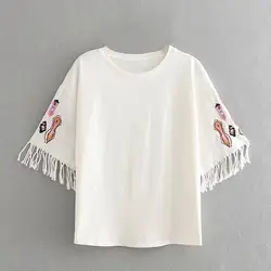 Модная Летняя женская Однотонная рубашка с вышитыми рукавами, Повседневное платье с круглым вырезом, женские платья с кисточками