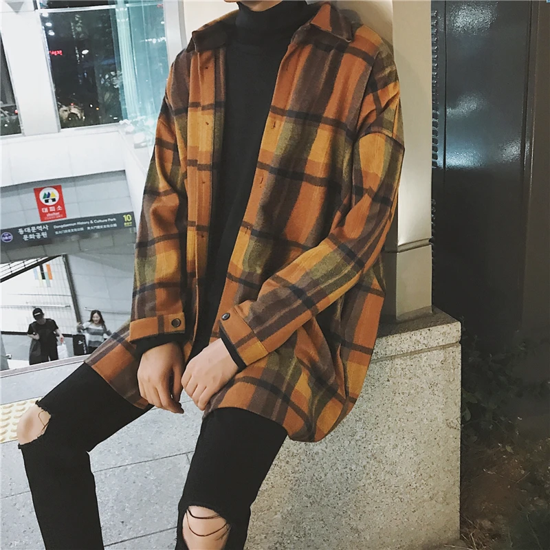 Autumn Plaid Shirt Men New Overshirt Fashion Casual Loose Wool Jacket Coat Man Retro Long-sleeved Shirt Male Clothes Streetwear
