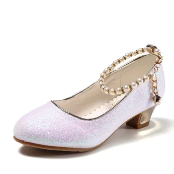 

New 2019 Children Party Leather Shoes Girls Dance Dress Shoes Fashion Princess High Heels Kids Elegant Wedding Shoes White 2A