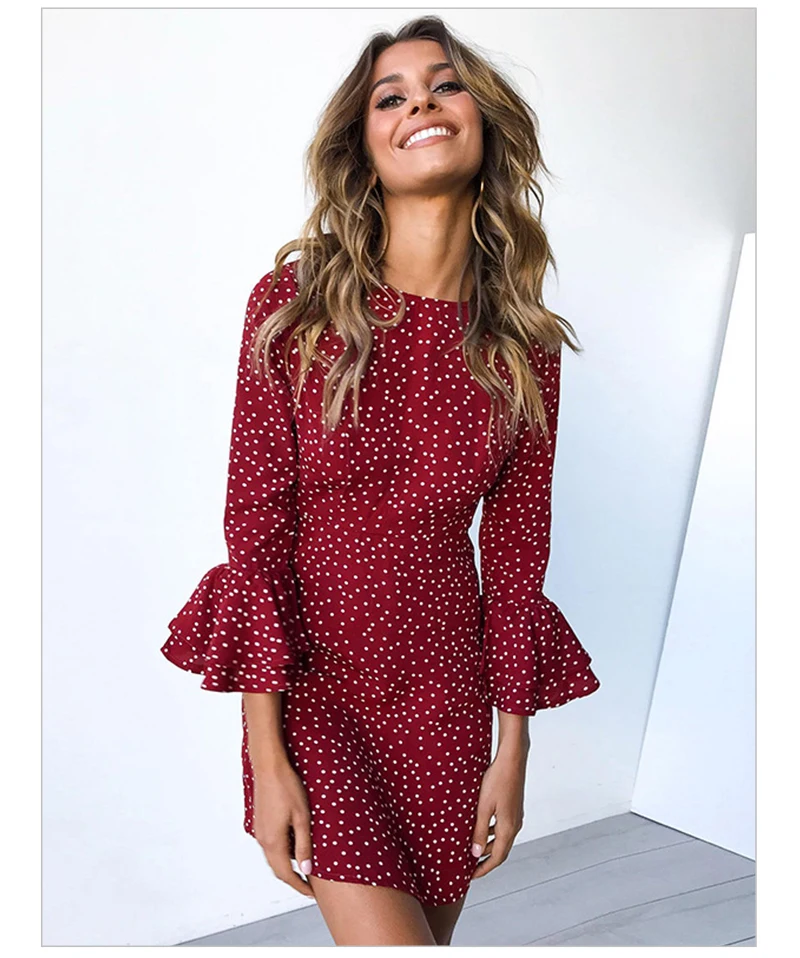 Vintage Polka Dot Dress Women Autumn Long Flare Sleeve Ruffles Vestidos Casual O-neck Black Bodycon Party Boho Dresses Mini