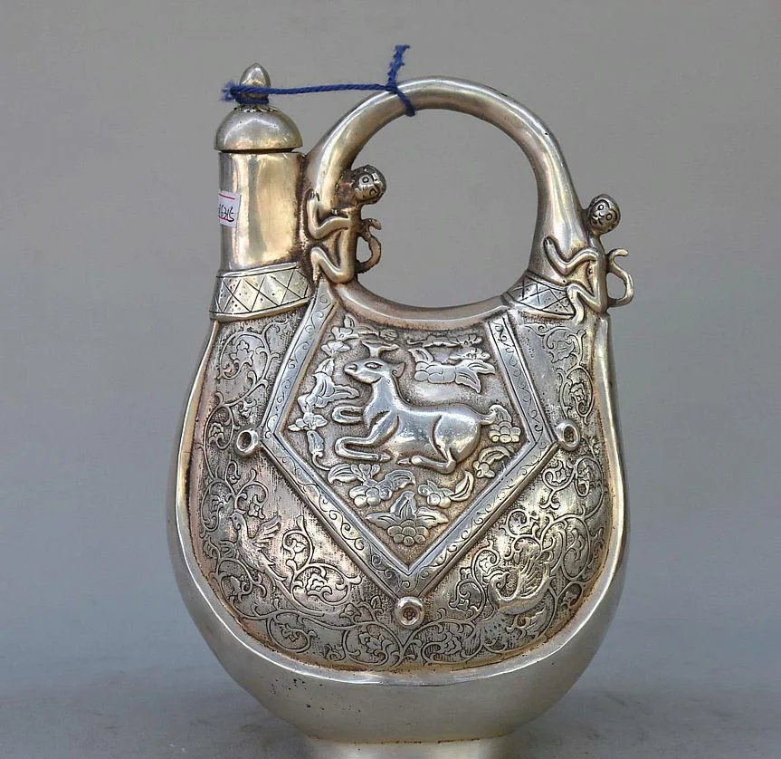 

10" Tibet Royal Silver Carving Lucky Deer Phoenix Monkey Statue Teapot Wine Pot