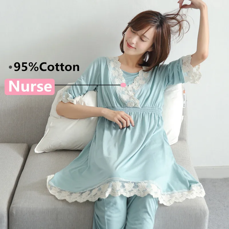 Cotton Maternity Pajamas Sets Adjustable Cardigan+Trousers Sleepwear V Collar Pregnant Women Nursing Clothing Lace Nightgown