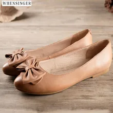 Whensinger/весенняя обувь; женская обувь на плоской подошве с острым носком; лоферы из натуральной кожи; повседневная обувь на плоской подошве с бантом