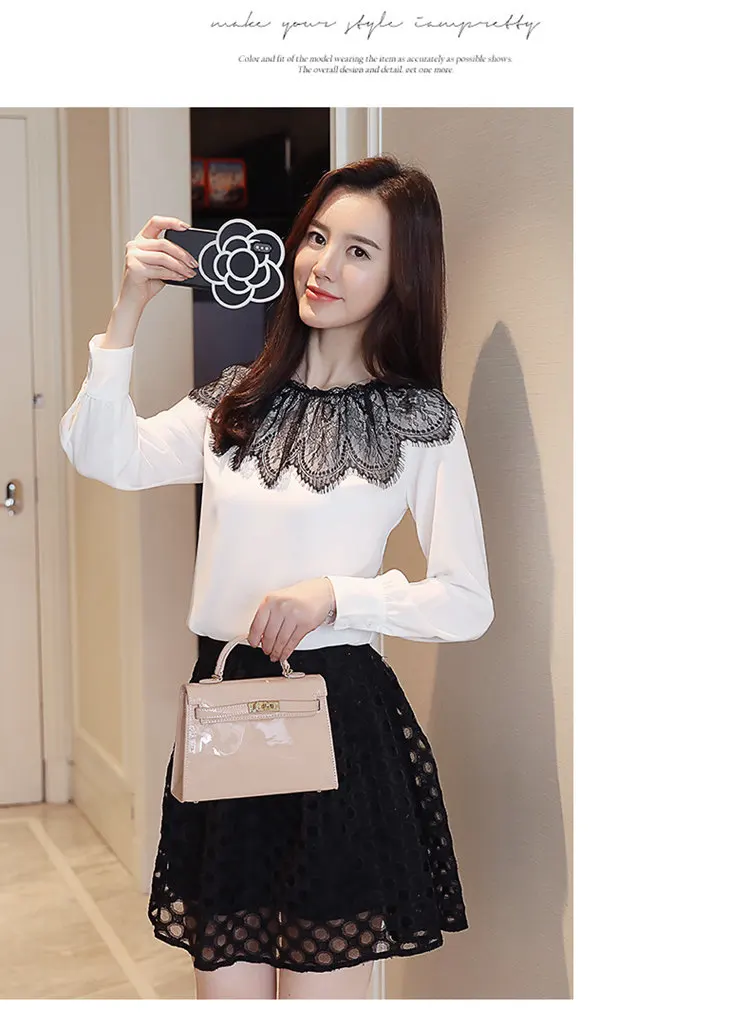 2019 New Autumn Tops Women Fashion Lace Patchwork Blouses Casual Long Sleeve Chiffon Blusas Mujer Pink White Shirt Female (8)