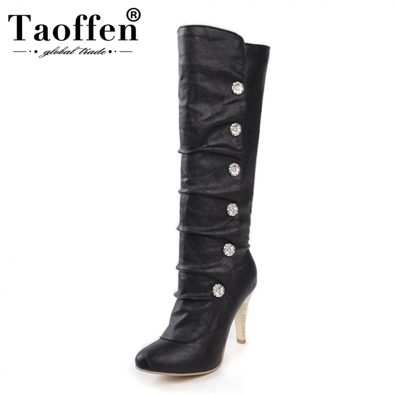 

TAOFFEN New Fashion Spike High Heels Solid Round Toe Button Shoes Woman Autumn Winter Boots 3 Colors Big Size 34-43
