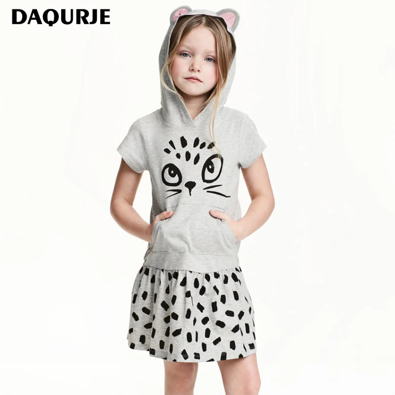 

DAQURJE Girls Dress Summer Casual Girls Clothing 100% Cotton Baby Girls Print Dresses Bow Kitty kids clothes children clothing