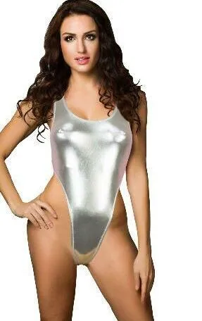 New High Elastic Women Hot Sexy Bodysuits Leather Catsuit Fetish Swimsuit Erotic Japanned Shiny Patent Leather Swimwear cut out bodysuit