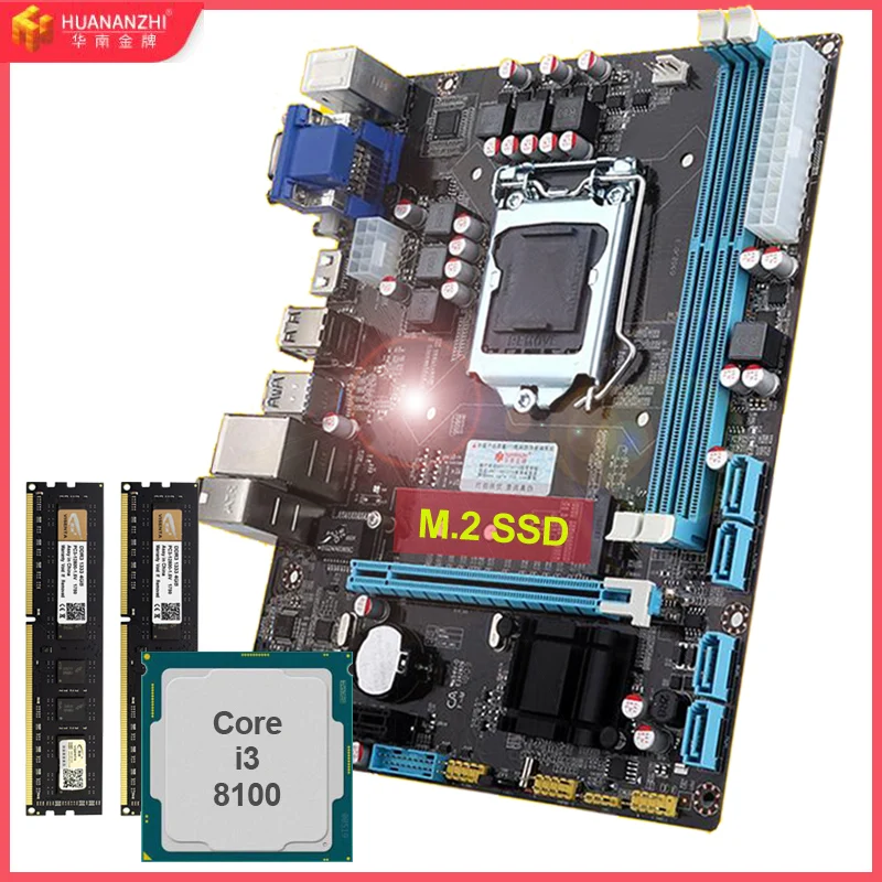 Фирменная материнская плата в комплекте с VGA HDMI HUANAN ZHI H110 LGA1151 материнская плата с M.2 слотом процессор Intel core i3 8100 RAM 8G(2*4G