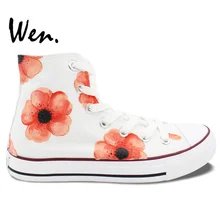 Вэнь белый ручной росписью обувь Дизайн пользовательские оранжевые цветы Для мужчин Для женщин высокие холщовые кроссовки