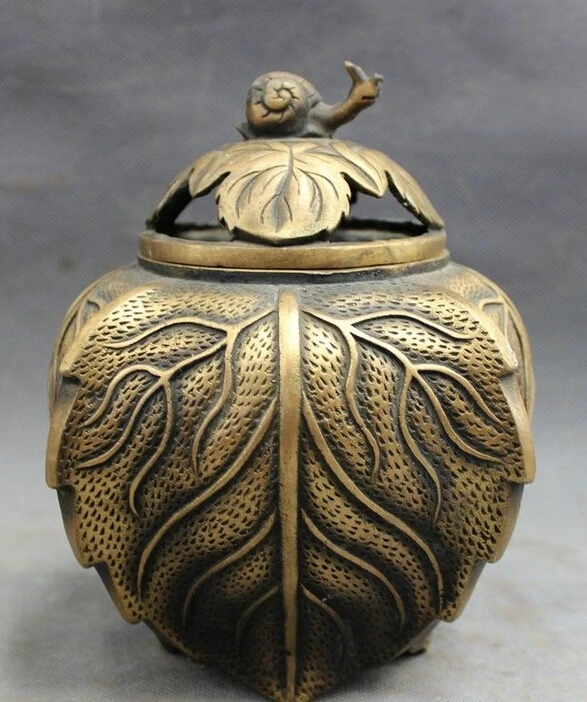 

Chinese Bronze Animals Snail Statue Buddhist Leaf Box Incense Burner Censer