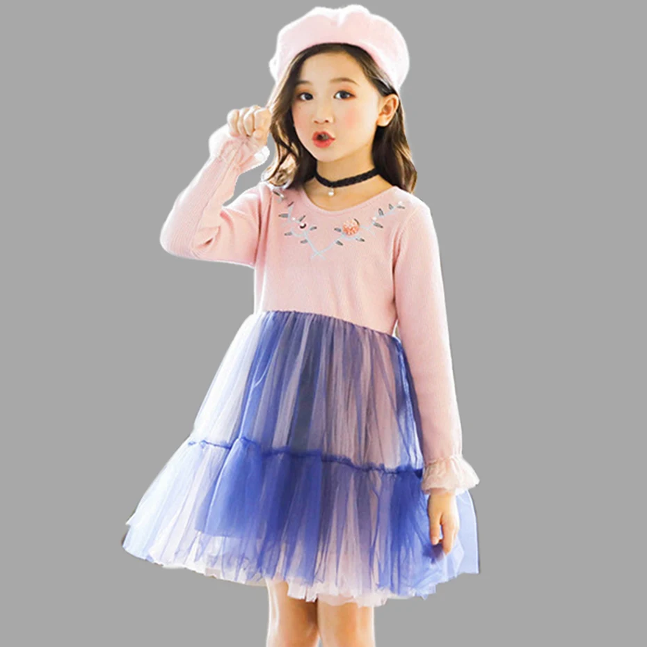 Pink Girls Dress Sweater Kids Dress Embroidery Dress For Girls Mesh