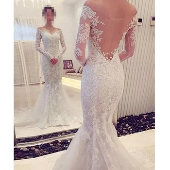 

2019 New V-Neck Mermaid Wedding Dresses Long Sleeve Sheer Back Off the Shoulder Lace and Applique Formal Bridal Gowns