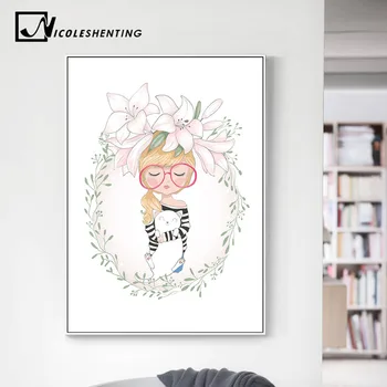 

Nursery Flower Girl Wall Art Canvas Posters and Prints Cartoon Painting Decorative Picture Nordic Style Kids Bedroom Decoration