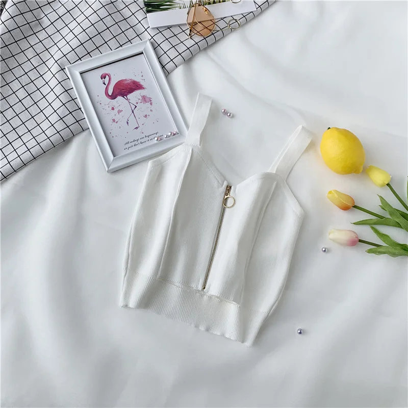 La MaxPa женские Топы Клубные сексуальные на молнии кроп Топ девичий Вязание Camisole дамы без рукавов Твердые Простые Camis k1997