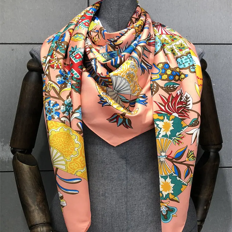 Женский модный Шелковый шарф с цветочным рисунком 130 квадратное украшение для шарфа головной убор подарок платок высокое качество шаль - Цвет: Розовый
