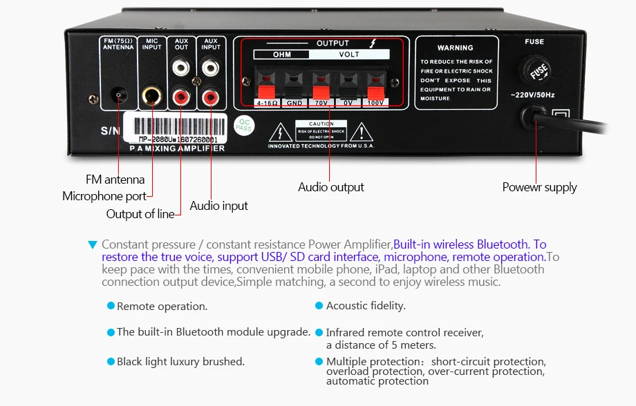 Oupushi домашний музыкальный Системы 60 Вт MP3 усилитель Bluetooth FM музыкальный плеер с 2-полосная настенные динамики